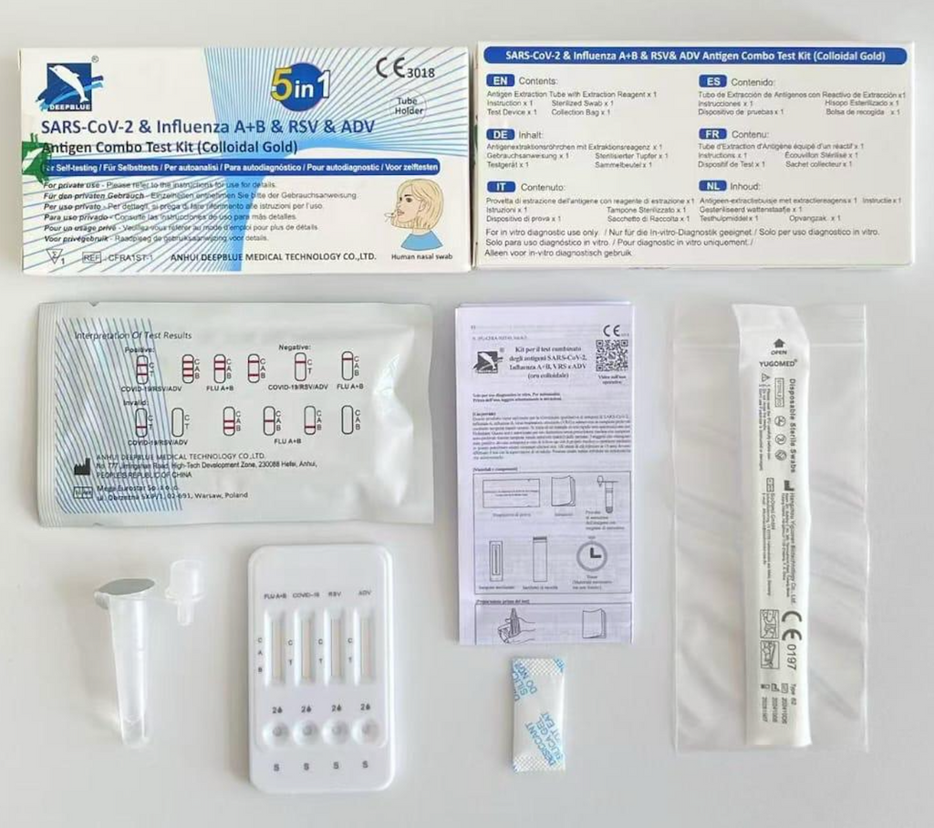 Deepblue 5in1 Covid Influenza A&B RSV ADV Test - Antigen Combo Test - Covid and Flu box with contents